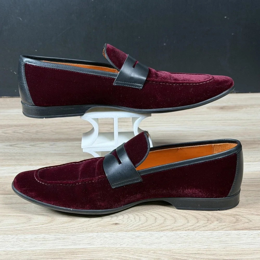 Magnanni Vale Shoes Mens Size 8 Red Black Velvet Leather Penny Loafers Preppy